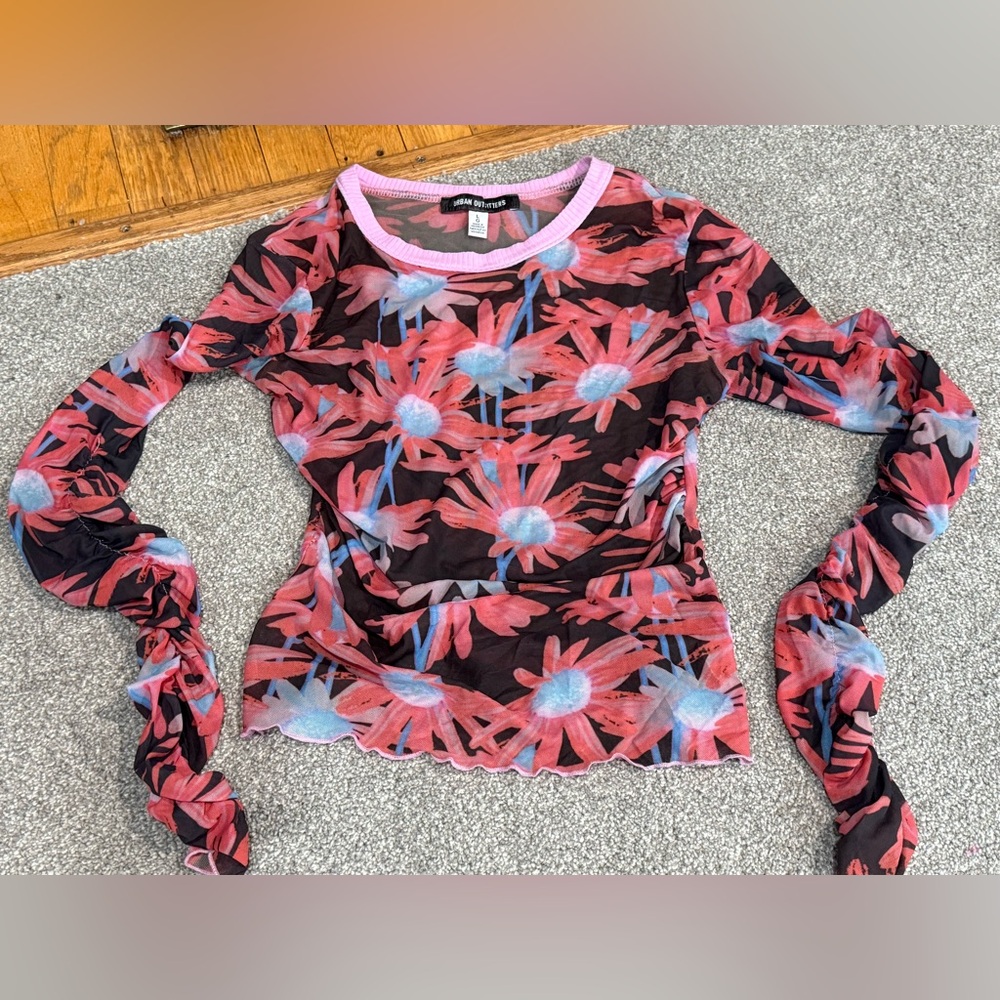 Urban Outfitters Black and Pink Floral‎ Mesh Long Sleeve Top